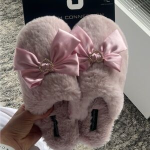 French Connection Pink Faux Fur Bow Slippers